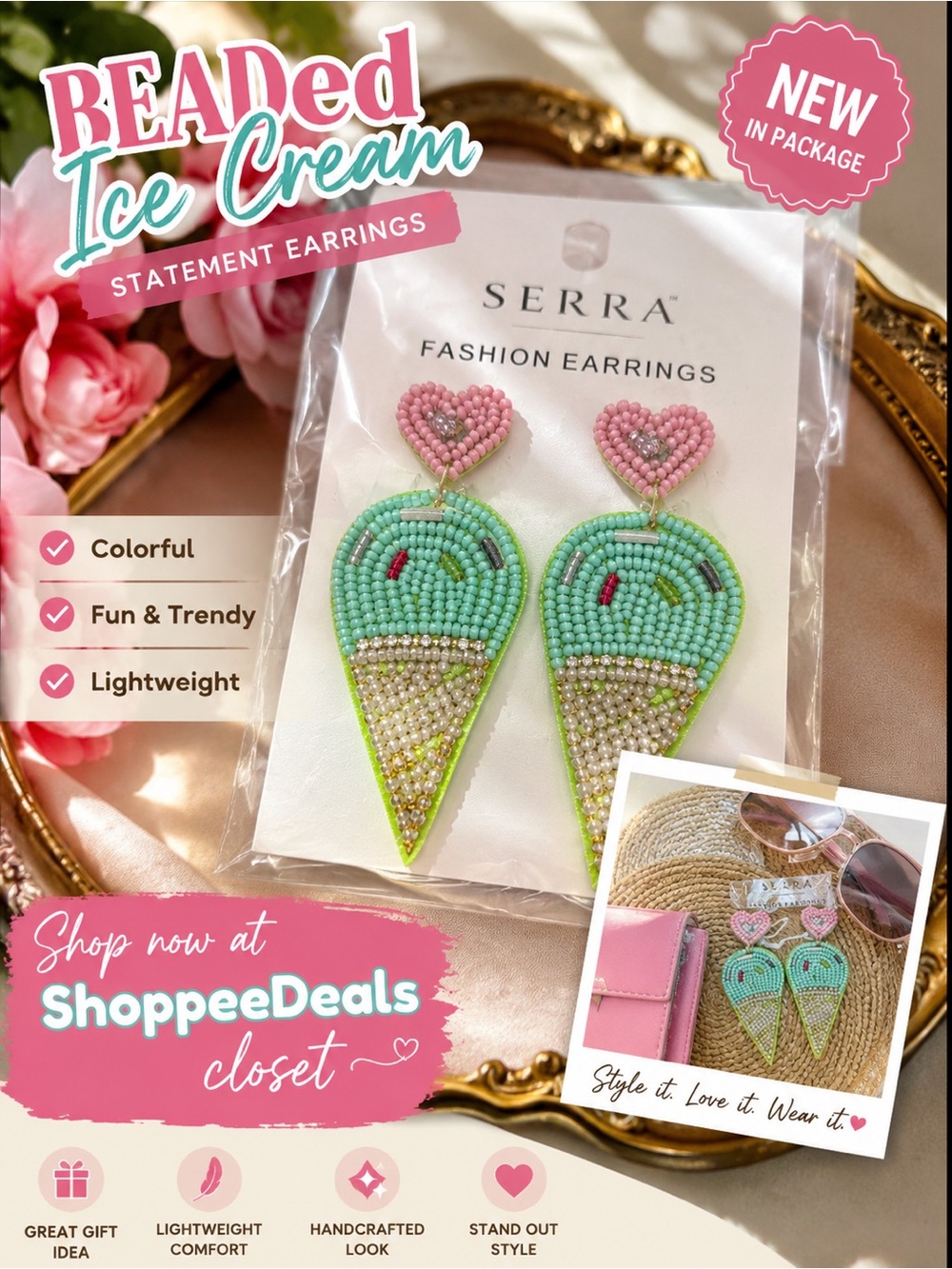 Serra Beaded Ice Cream Statement Earrings Pink Mint Green NWT